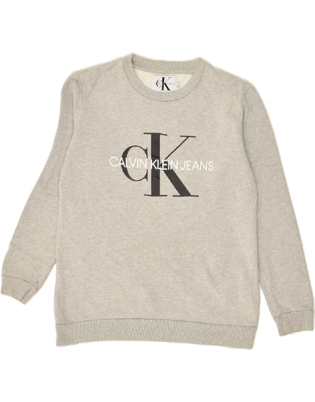 CALVIN KLEIN JEANS Womens Graphic Sweatshirt Jumper UK 6 XS Grey Cotton Hoodie with Strings Custom Fit Adjustable