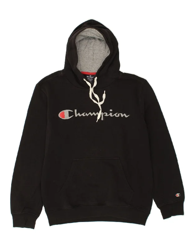 CHAMPION Mens Graphic Hoodie Jumper Medium Black Hoodie with Set-In Sleeves Structured Classic