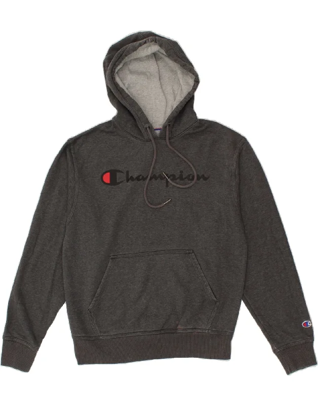 CHAMPION Mens Graphic Hoodie Jumper Small Grey Cotton Hoodie with Front Slit Layering Stylish