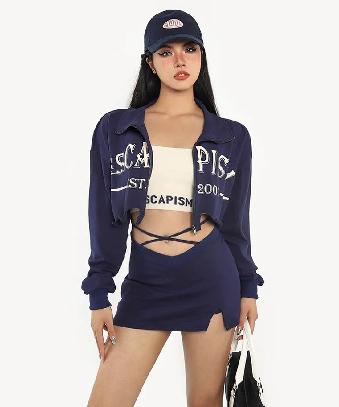 ESCAPISM Solid Color Cropped Sweatshirt Waist Strap V Waist Mini Skirt Matching Set Hoodie with Applique Textured Unique