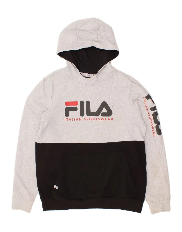 FILA Mens Graphic Hoodie Jumper Large Grey Colourblock Cotton Hoodie with Set-In Sleeves Structured Classic