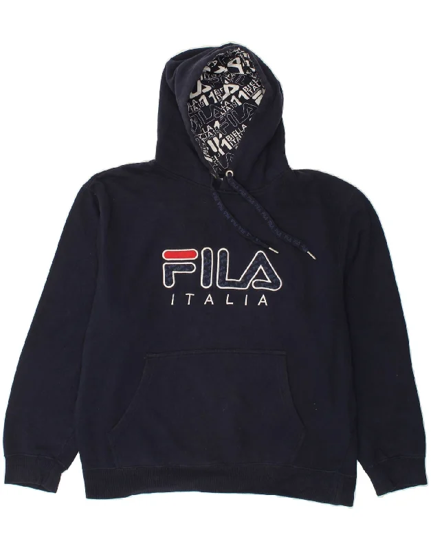 FILA Mens Graphic Hoodie Jumper Large Navy Blue Cotton Hoodie with Gradient Ombre Colorful