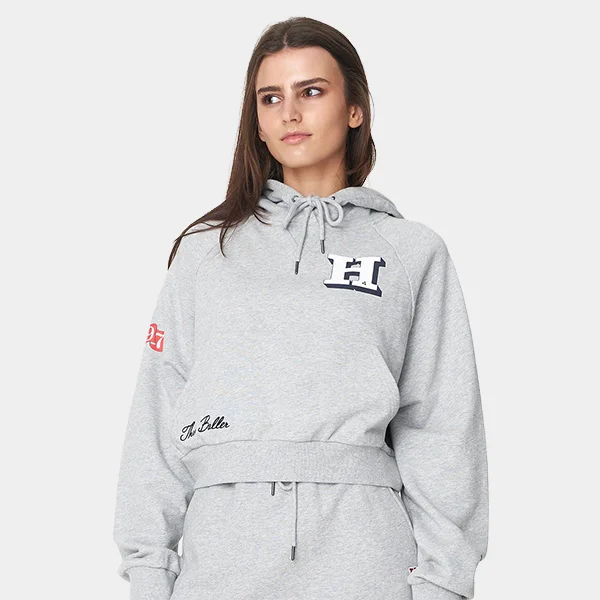 Huffer 3 Baller Avery Crop Hoodie - Grey Marle Hoodie with Ribbed Cuffs Snug Fit Comfort