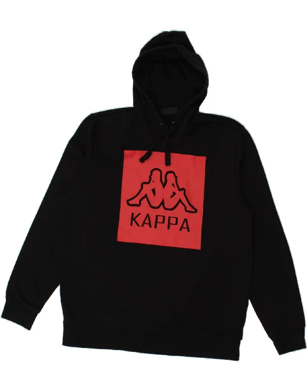 KAPPA Mens Graphic Hoodie Jumper 2XL Black Colourblock Cotton Hoodie with Illustration Artistic Creative