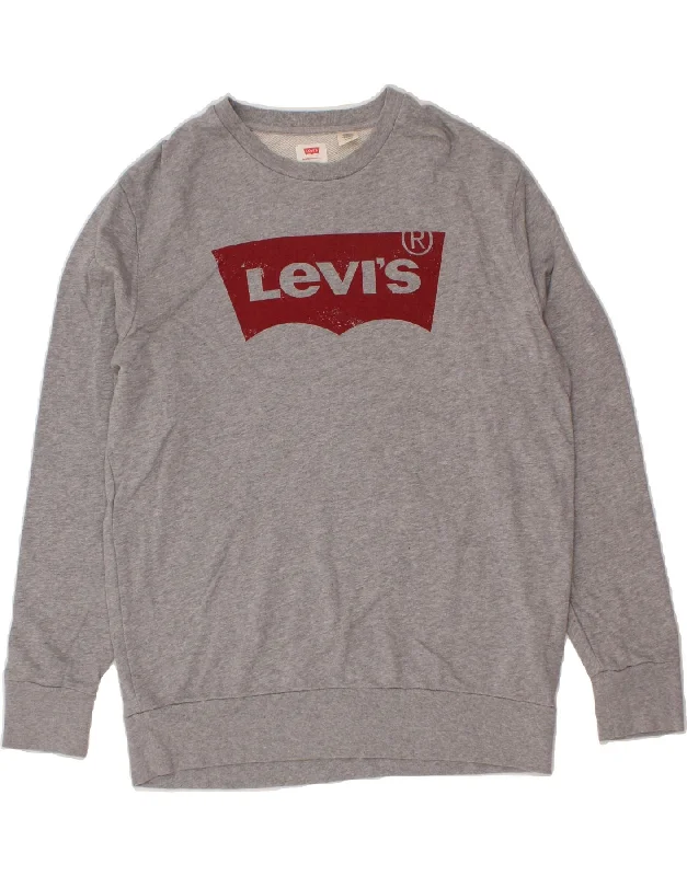 LEVI'S Mens Graphic Sweatshirt Jumper XL Grey Cotton Hoodie with Longline Fit Extended Stylish