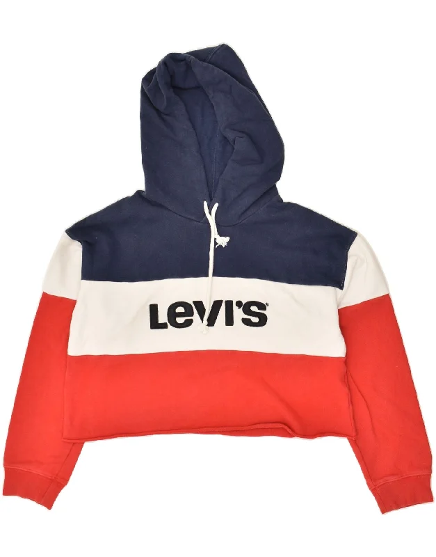 LEVI'S Womens Graphic Crop Hoodie Jumper UK 10 Small Multicoloured Hoodie with Emblem Brand Identity