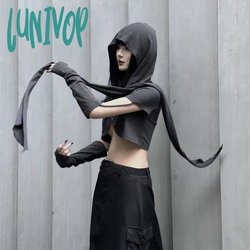 Lunivop outfit inspo Hooded Two-Piece Top Women's Black Cross Long Sleeve Ultra Short Style Hoodie with Raw Hem Edgy Unfinished