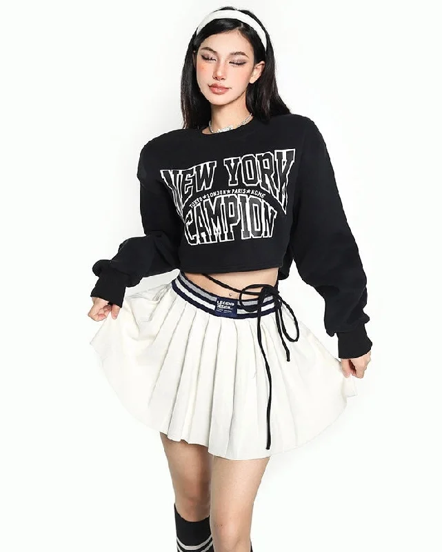 NEW YORK CHAMPION Graphic Print Solid Color Black Long Sleeve Cropped Lace Up Sweatshirt Hoodie with Hood Adjustable Protection