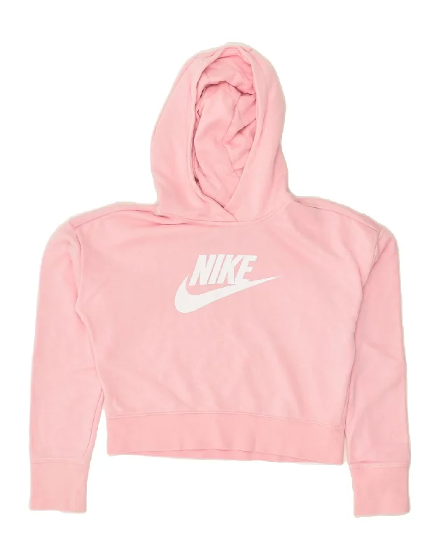 NIKE Girls Graphic Crop Hoodie Jumper 12-13 Years Large Pink Cotton Hoodie with Half-Zip Sporty Casual