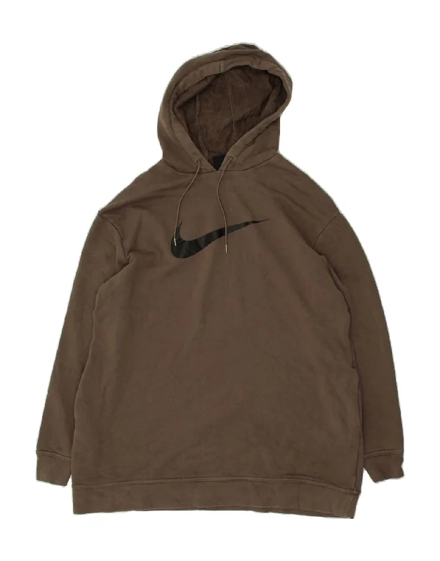 NIKE Mens Graphic Hoodie Jumper Medium Brown Cotton Hoodie with Puffed Sleeves Voluminous Trendy