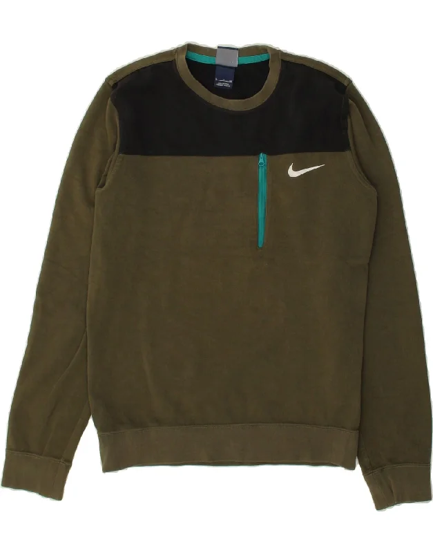 NIKE Mens Sweatshirt Jumper Small Khaki Colourblock Cotton Hoodie with Snap Buttons Easy Quick