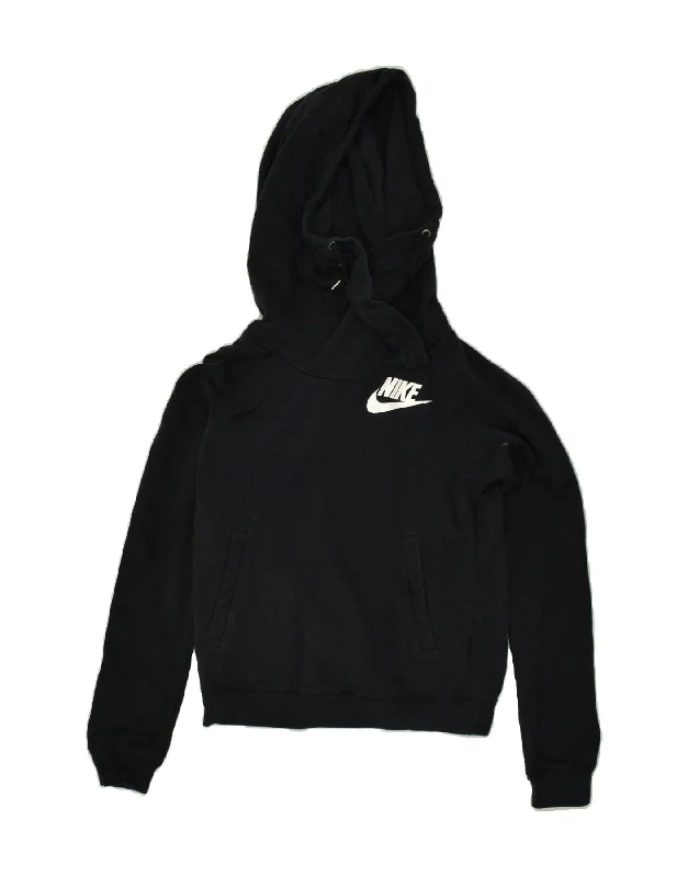 NIKE Womens Hoodie Jumper UK 6 XS Black Cotton Hoodie with Velcro Closure Adjustable Secure