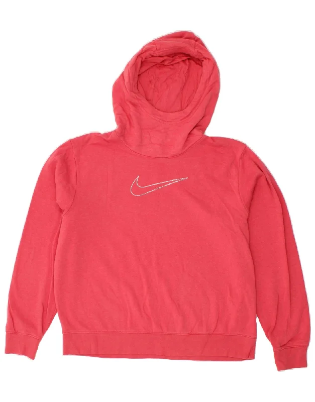 NIKE Womens Oversized Graphic Hoodie Jumper UK 14 Medium Red Cotton Hoodie with Velcro Closure Adjustable Secure