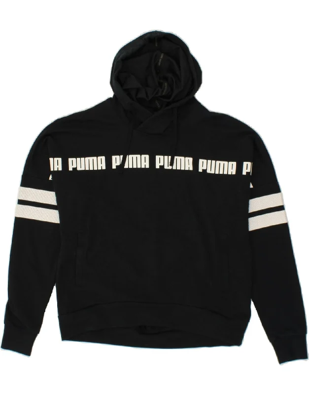 PUMA Womens Oversized Graphic Hoodie Jumper UK 10 Small  Black Striped Hoodie with Crew Neck Simple Timeless