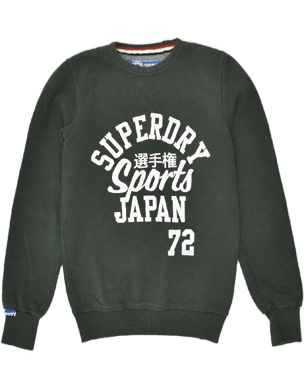 SUPERDRY Mens Graphic Sweatshirt Jumper Small Green Cotton Hoodie with Elastic Cuffs Stretchable Comfortable