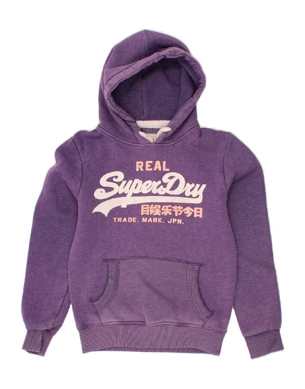 SUPERDRY Womens Graphic Hoodie Jumper UK 2 2XS Purple Cotton Hoodie with Hem Patch Decorative Personalized