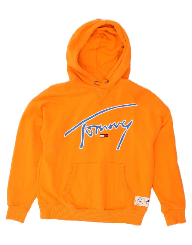 TOMMY HILFIGER Womens Oversized Graphic Hoodie Jumper UK 10 Small Orange Hoodie with Illustration Artistic Creative