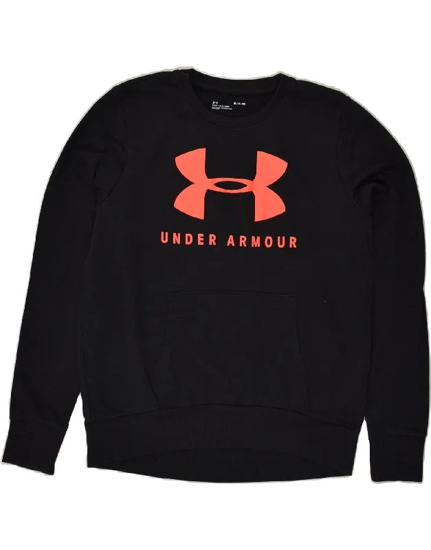 UNDER ARMOUR Womens Graphic Sweatshirt Jumper UK 14 Medium Black Cotton Zip Hoodie Drawstring Kangaroo Pocket