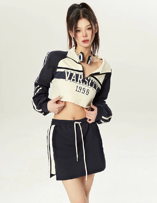 VARSITY 1.9.9.8 Abstract Color Long Sleeve Cropped Sweatshirt Mini Skirt Matching Set Hoodie with Longline Fit Extended Stylish