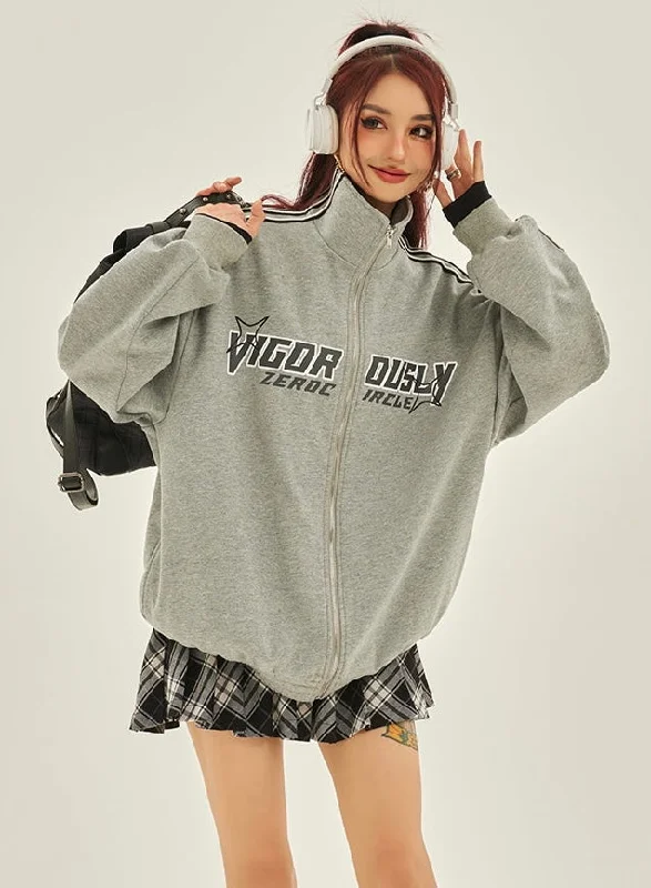 Virgo Dusly Letter Print Grey Zip Up Sweatshirt Hoodie with Slit Hem Functional Movement