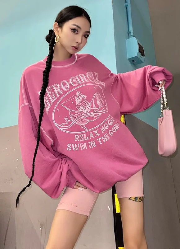 Zerocircle Ocean Graphic Print Long Sleeve Pink Sweatshirt Hoodie with Cuffed Sleeves Snug Secure