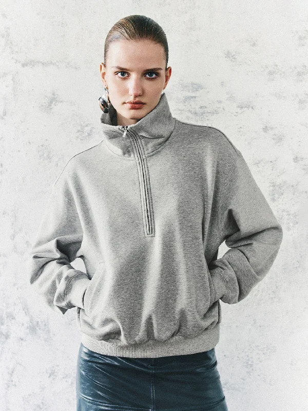 Zip Half Front Loose Sweatshirts Hoodie with Mock Neck Collared Structured