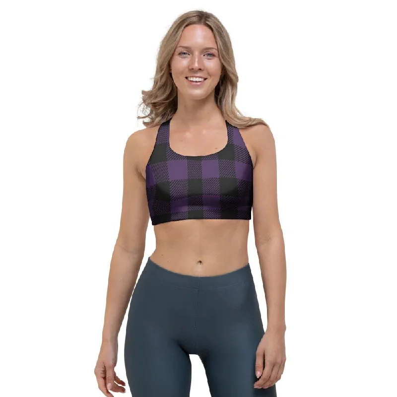 Purple Buffalo Plaid Sports Bra Adjustable Comfort Bra