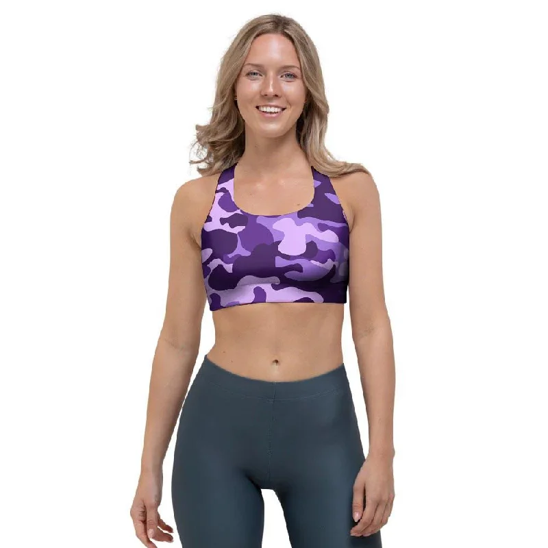 Purple Camo Print Sports Bra Soft Mesh Bra