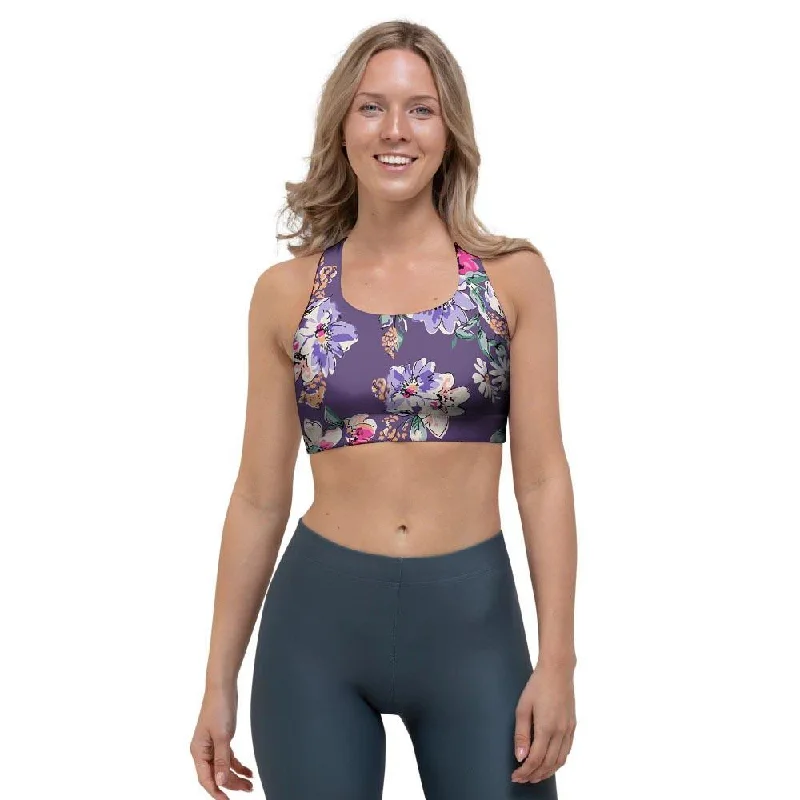 Purple Floral Print Sports Bra Soft Padded Bralette