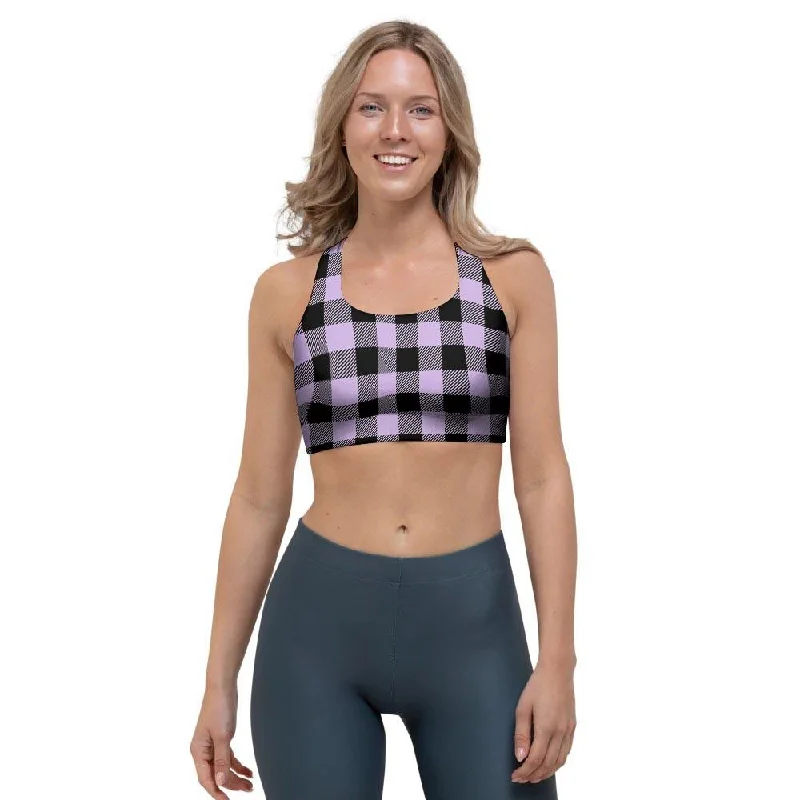 Purple Violet Plaid Sports Bra Breathable Wireless Bra