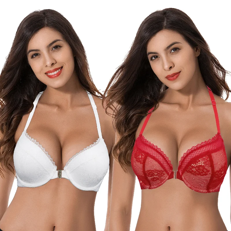 Women's Plus Size Add 1 Cup Push Up Underwire Halter Front Close Bras Comfortable Lace Bra Women's Plus Size Add 1 Cup Push Up Underwire Halter Front Close Bras Comfortable Lace Bra