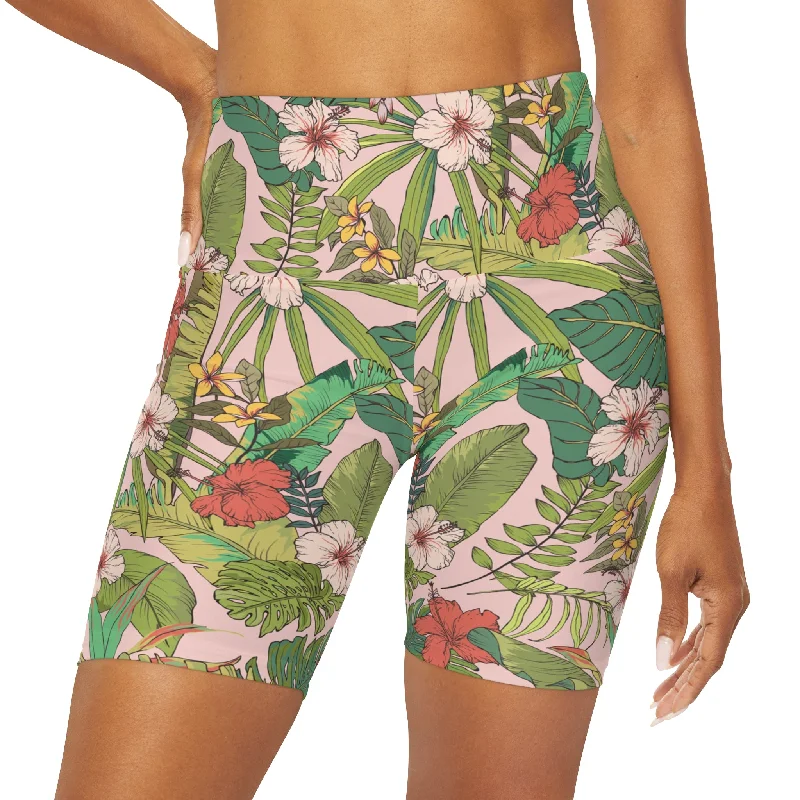 7" Swim Shorts UPF Women's Swim Shorts Long Boy Shorts - Vintage Tropical Floral High-Waisted Swim Bottoms