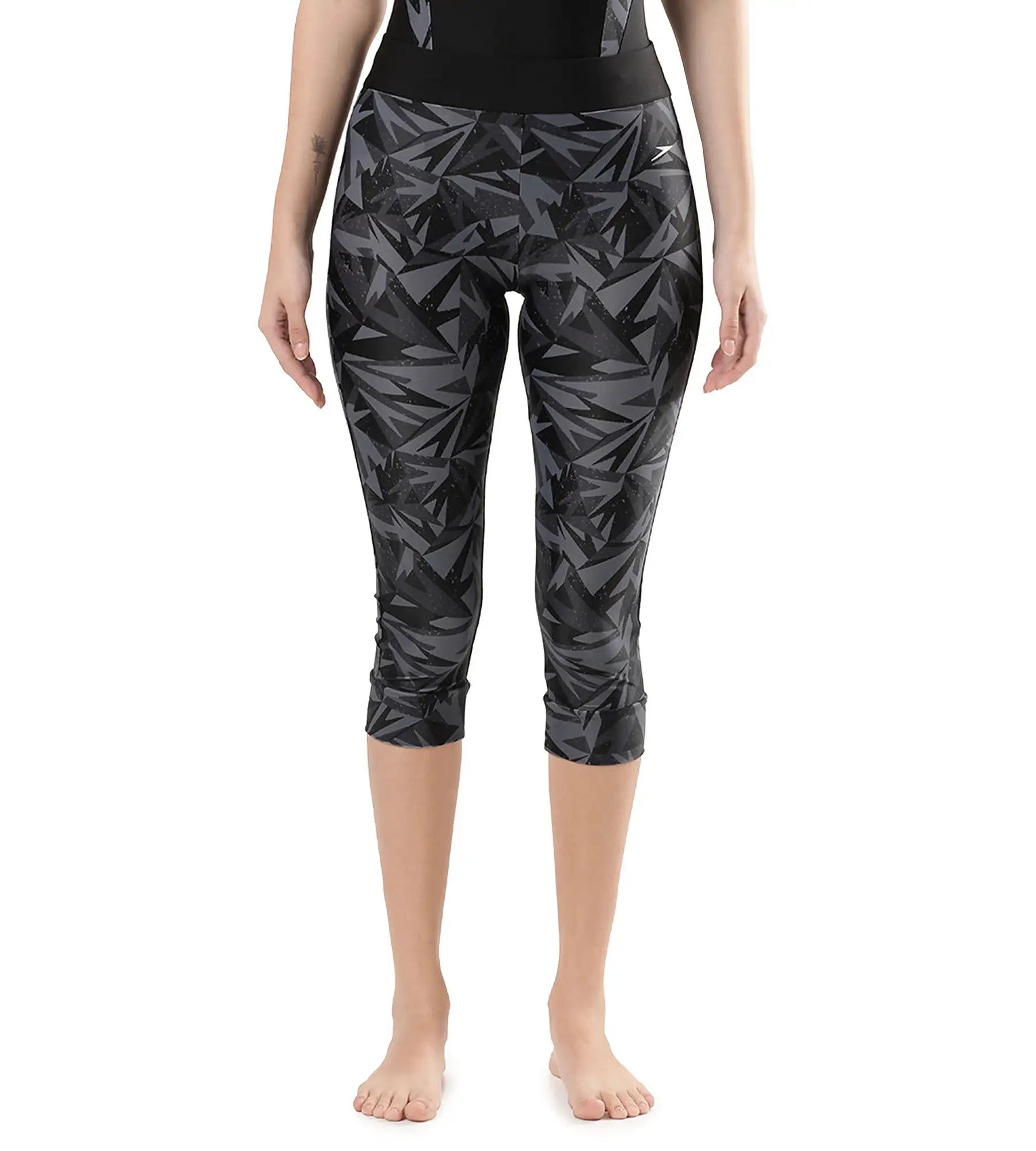 Women's Endurance 10 Printed Contrast Swim Capri - Black & Oxid Grey Adjustable Strap Swimsuit