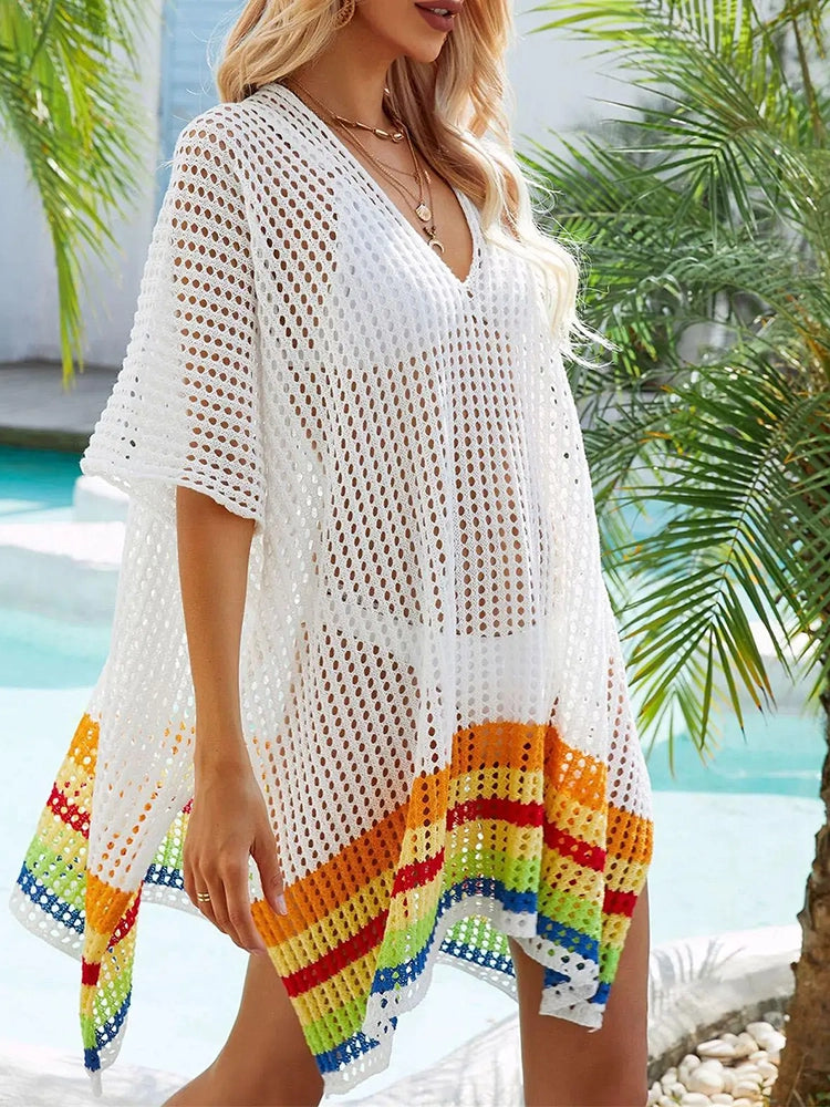 Cover Ups Boho Beach Crochet Robe Sexy Hollow Out Knitted Cover-ups Summer Rrainbow Stripe Cover Up for Women Mini Dresses Loose Trendy A-Line Mini Dress Cover Ups Boho Beach Crochet Robe Sexy Hollow Out Knitted Cover-ups Summer Rrainbow Stripe Cover Up for Women Mini Dresses Loose Trendy A-Line Mini Dress