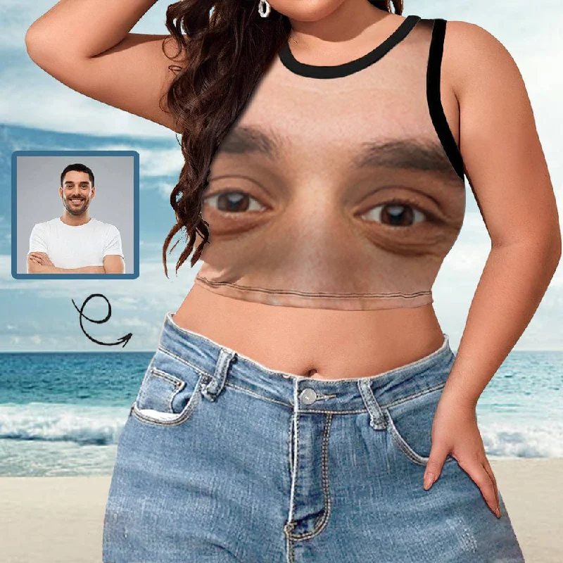 Custom Face on Tank Tops Big Eyes Women's High Neck Crop Top with Boyfriend Face Swimsuits Bustier Lace-Detail Bikini Set