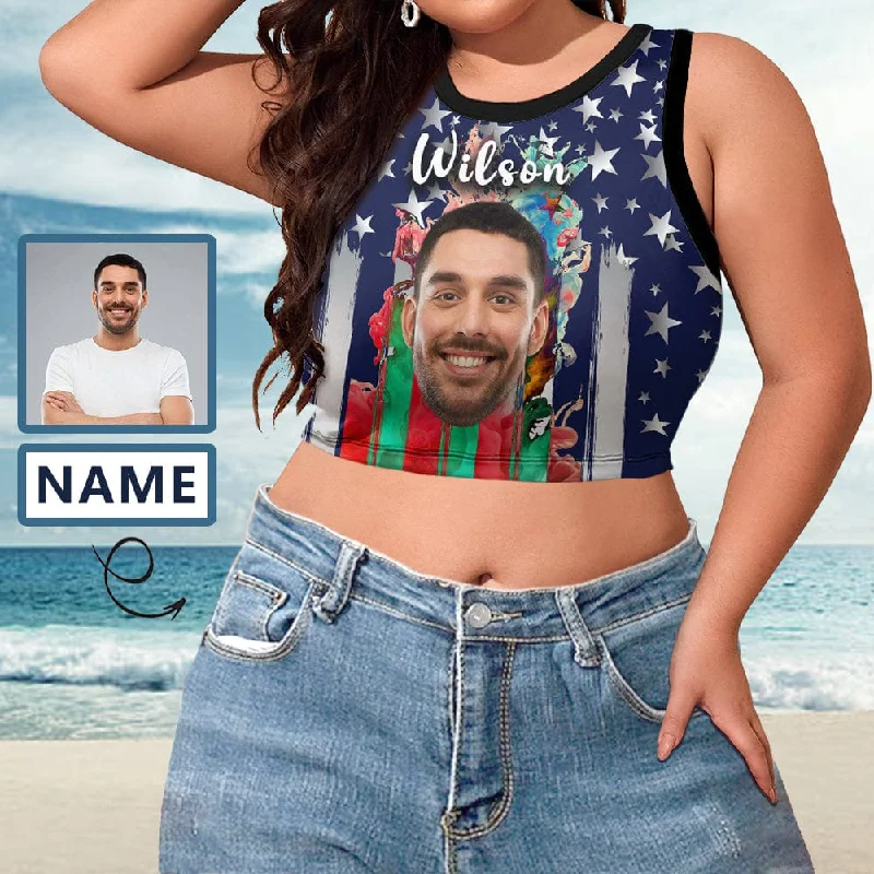 Custom Name&Face Colorful Flag Tops Women's High Neck Crop Top Swimsuits Bustier for Independence Day Retro Swimwear Style