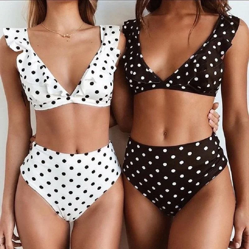 Libiyi-Polka Dot V Neck Swimsuit Push-Up Swimsuit Top