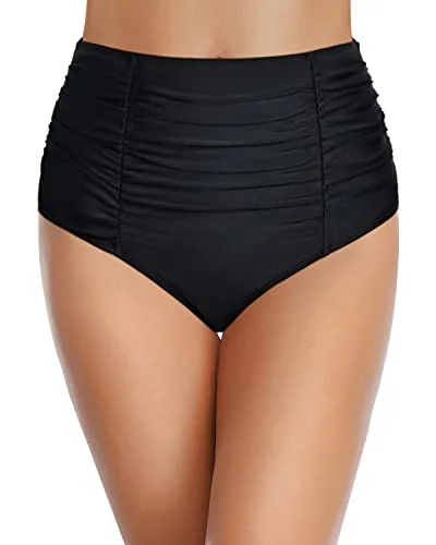 Ruched High Waisted Bikini Bottom Tummy Control Swim Bottom-Black Casual Swim Dress