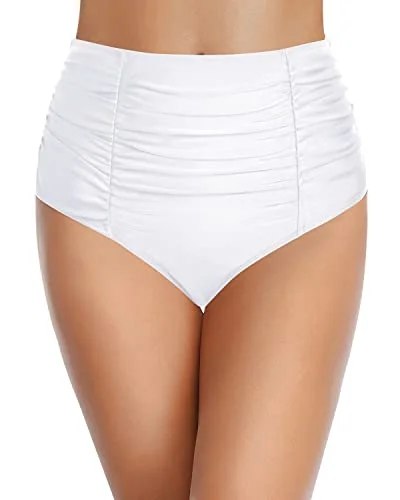 Full Coverage Vintage Shirred Swim Shorts For Women-White Ruched Swimwear Set