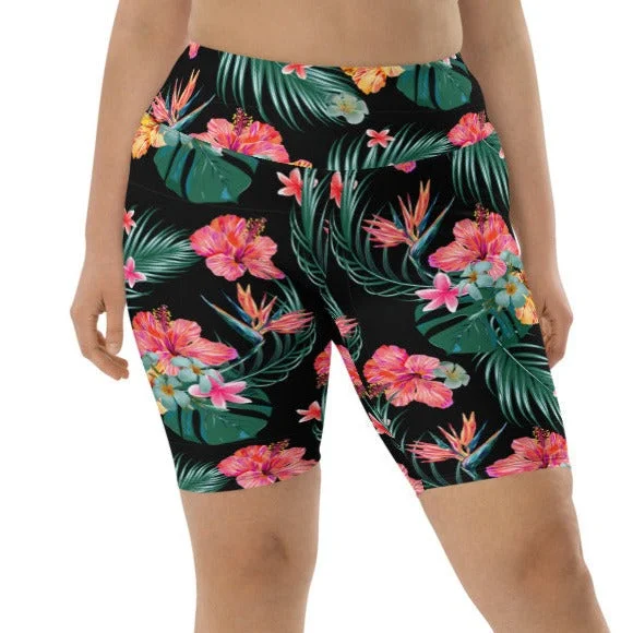 Women's UPF 50 Plus Size Long Swim Shorts XL-3XL - Hawaiian Botanical Ruffled Swimsuit Top