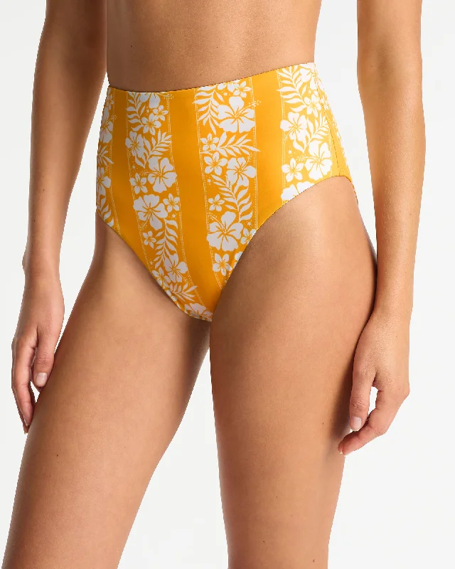 Womens - Swim Bottom - Evergreen High Waist Swim Pant - Hibiscus Stripe Daffodil Cross-Back Bikini