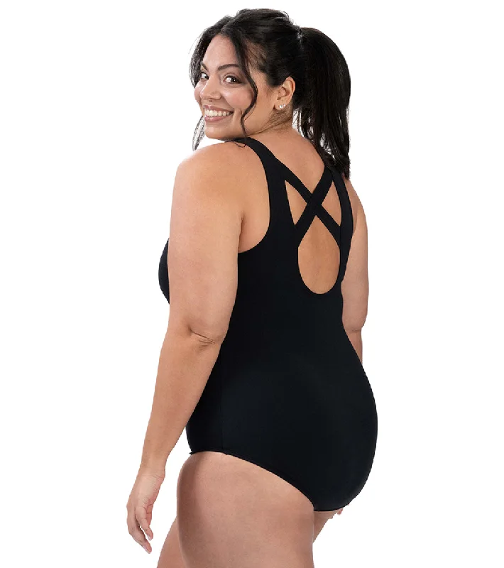 Dolfin Women's Aquashape Conservative Solid Cross Back One Piece Swimsuit Black Lace-Detail Bikini Set Dolfin Women's Aquashape Conservative Solid Cross Back One Piece Swimsuit Black Lace-Detail Bikini Set