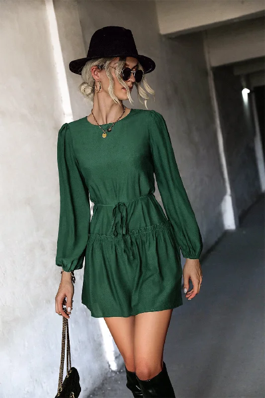 Frill Trim Tie Waist Puff Sleeve Mini Dress Comfortable Fit-and-Flare Mini Dress