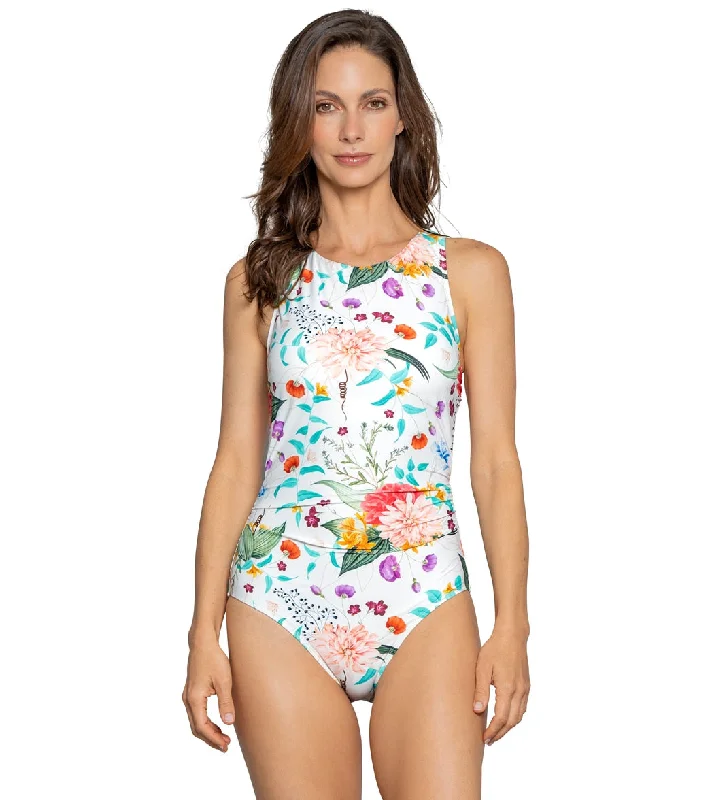 Jantzen Women's Sunrise Blush Farrah High Neck One Piece Swimsuit Seafoam Tides Tropical Print Bikini Jantzen Women's Sunrise Blush Farrah High Neck One Piece Swimsuit Seafoam Tides Tropical Print Bikini