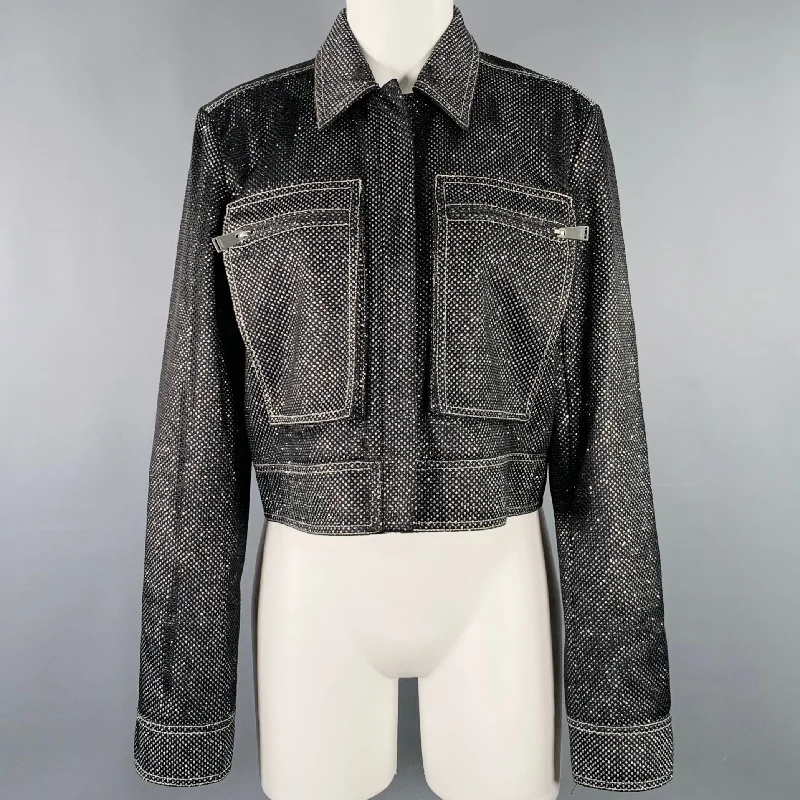 JONATHAN SIMKHAI Size M Black Silver Glittered Cropped Jacket Blazer Embroidered Jacket Appliqued Jacket Beaded Jacket