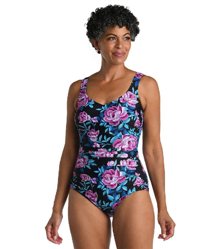 Maxine Women's Midnight Orchid Over The Shoulder One Piece Swimsuit Black High-Waist Bikini Set Maxine Women's Midnight Orchid Over The Shoulder One Piece Swimsuit Black High-Waist Bikini Set