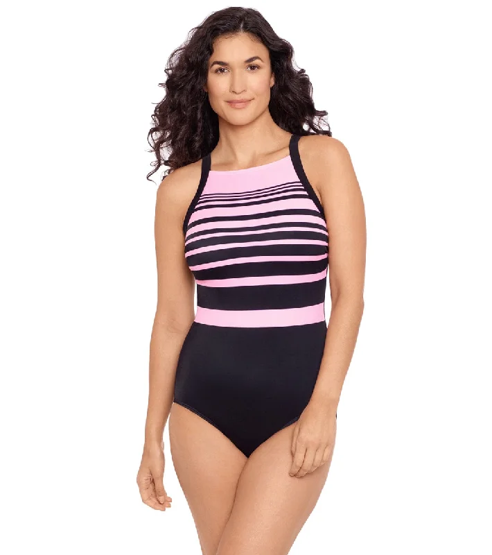Reebok Women's Insta Stripe High Neck Chlorine Resistant One Piece Swimsuit Black/Pink Strap Bikini Set Reebok Women's Insta Stripe High Neck Chlorine Resistant One Piece Swimsuit Black/Pink Strap Bikini Set