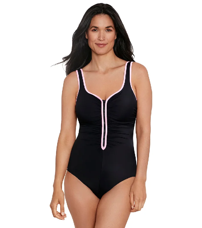 Shape Solver SPORT Women's Color Coated Shirred Zipper Tank One Piece Swimsuit Chic Beach Cover-Up Shape Solver SPORT Women's Color Coated Shirred Zipper Tank One Piece Swimsuit Chic Beach Cover-Up