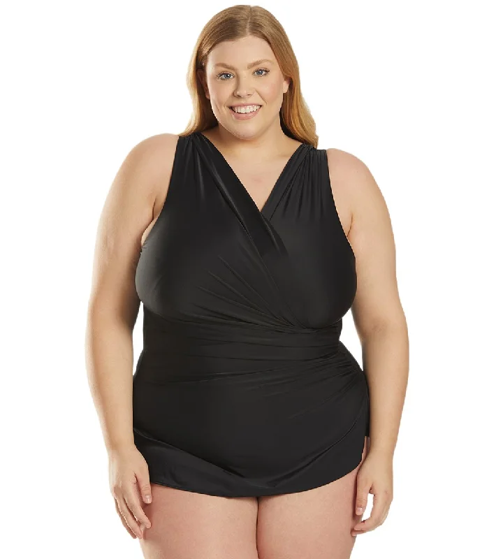 Sporti Plus Size Isabella Tummy Control Wrap One Piece Swimsuit Black Comfortable Swim Shorts Sporti Plus Size Isabella Tummy Control Wrap One Piece Swimsuit Black Comfortable Swim Shorts