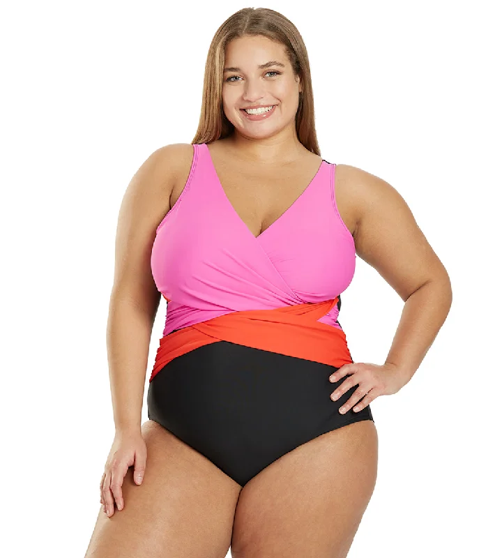 Sporti Plus Size Marina Criss Cross Tummy Control One Piece Swimsuit Hot Pink/Poppy Red Bold Color Swimsuit Sporti Plus Size Marina Criss Cross Tummy Control One Piece Swimsuit Hot Pink/Poppy Red Bold Color Swimsuit